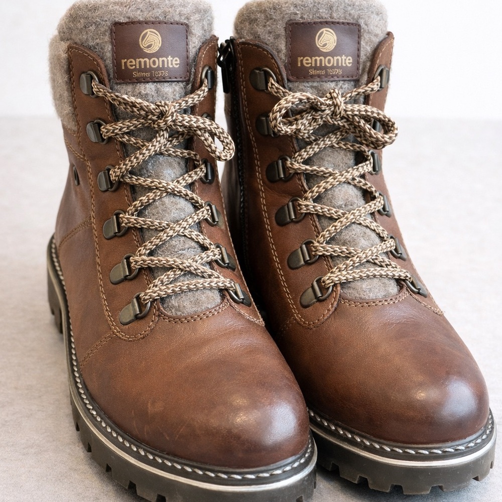 Remonte TEX Waterproof Leather Winter Boots Brown Wool Lined Hiking size 6.5